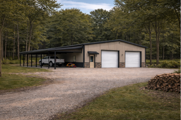 Large tan and charcoal commercial metal garage with stone wainscot siding, featuring two white roll-up doors, a side-mounted 12-foot lean-to carport housing a white truck, and a matching walk-in entry door with a protective awning, engineered for durability in Merced, California.