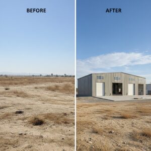 Before and after photos showing the transformation of a vacant Central Valley lot in a completed multi-bay gray steel building by ProBuild Options