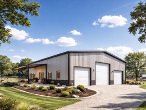 Large 30x40 triple-wide metal garage with a two-tone sand and charcoal wainscot finish, featuring three white roll-up doors, a side-mounted lean-to porch with seating, and professional landscaping on a gravel driveway.