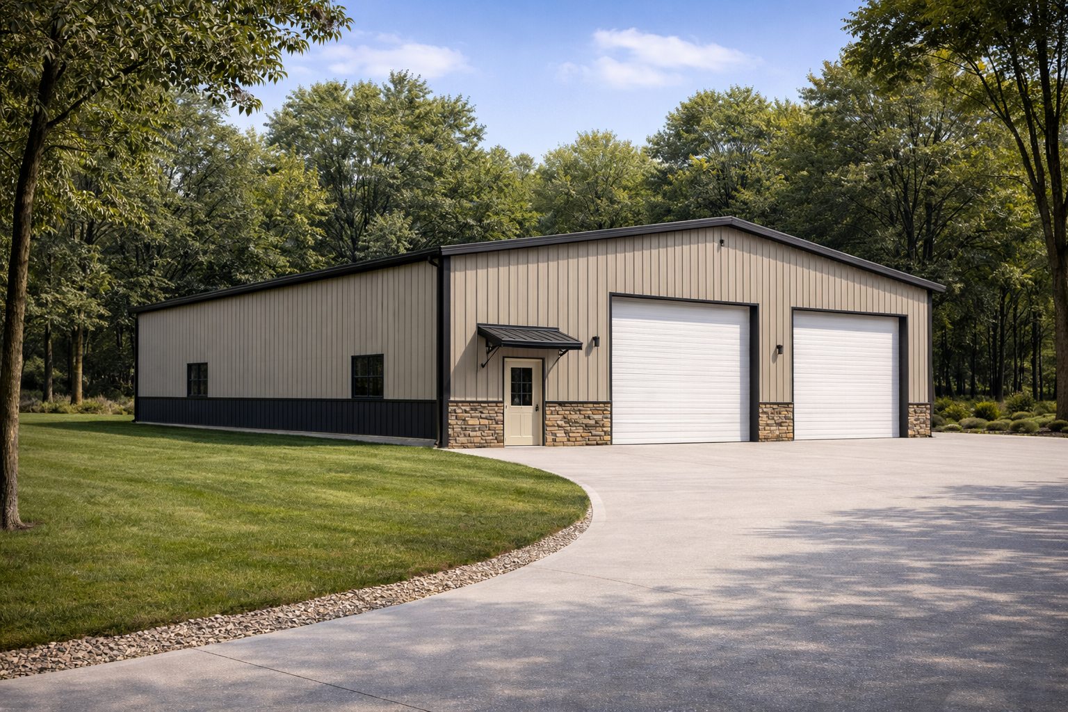 Large tan and charcoal custom metal workshop with luxury stone wainscot siding, featuring two white roll-up garage doors, a walk-in entry door with a black metal awning, and integrated side windows on a curved concrete driveway, engineered for residential and commercial use in California.