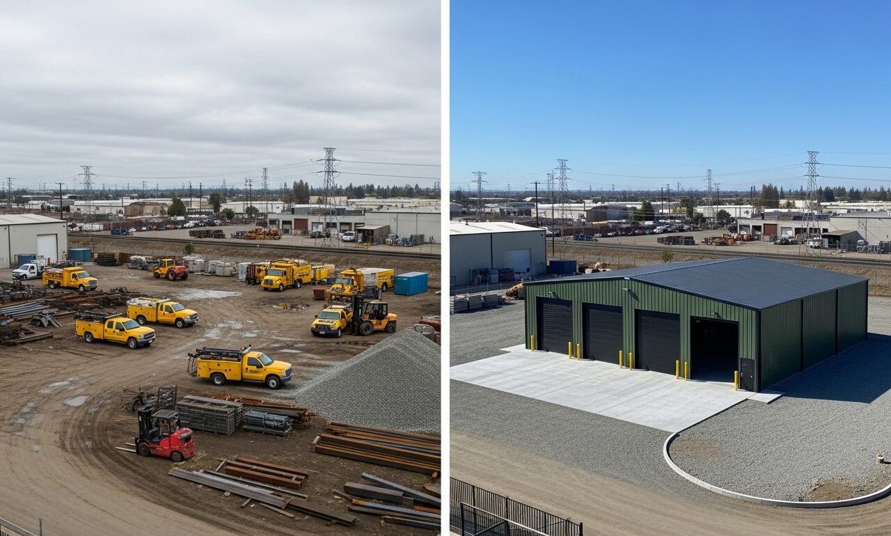 Before and after transformation of a heavy-industrial dirt lot into a professional 40x60 forest green metal workshop in Atwater, CA, featuring four black roll-up doors, a concrete apron, and a clean gravel driveway.