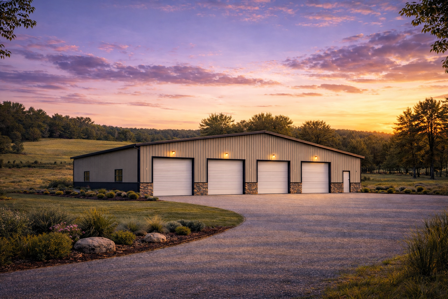 Large 4-bay commercial metal building with a tan exterior, charcoal gray wainscot, and premium stone accents. Featuring four white roll-up garage doors with overhead lighting on a sprawling asphalt driveway, engineered for industrial storage in Merced, California.