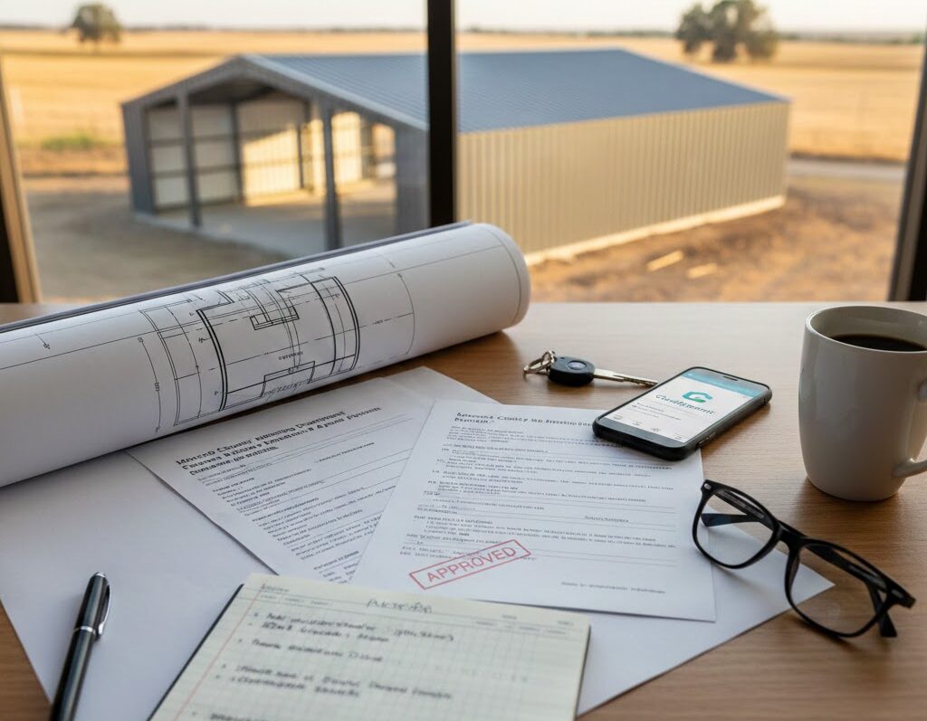 Approved metal building permit for a custom steel shop in Merced, CA.
