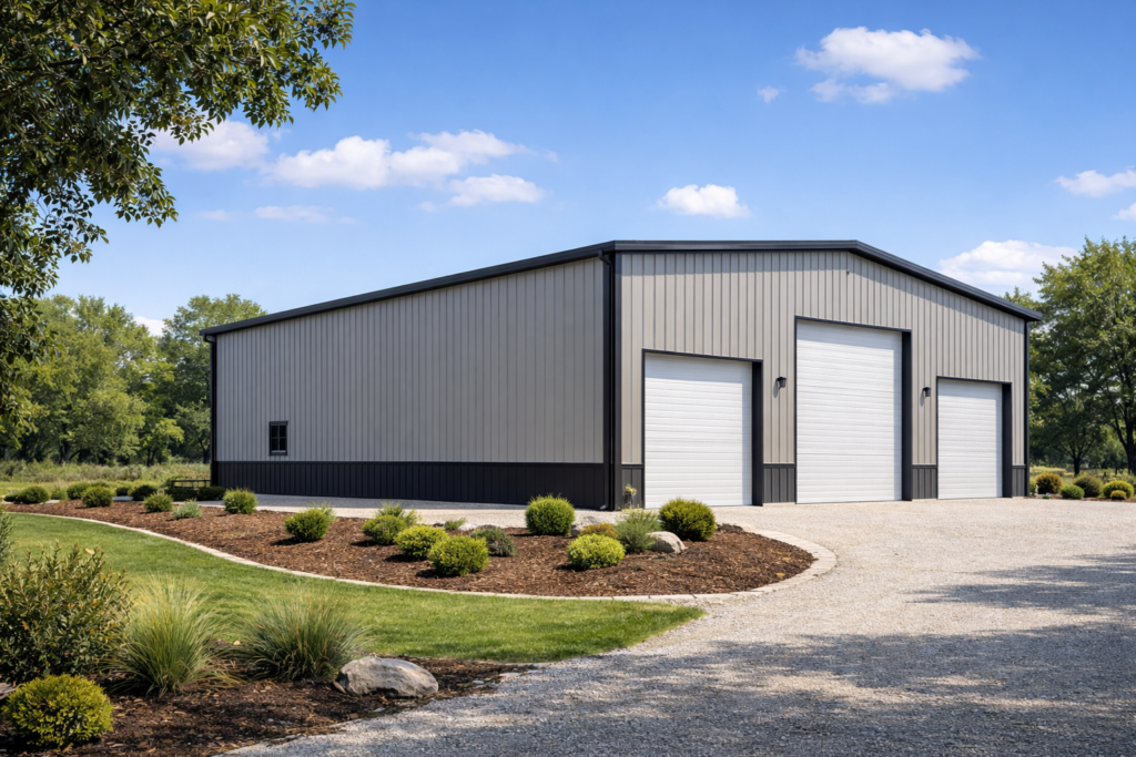 A 30x35 two-tone sand and charcoal metal workshop featuring a triple-bay front with three white roll-up doors, professional landscaping, and a gravel driveway. Engineered for high-clearance vehicle storage and hobbyist workspace in Merced, CA