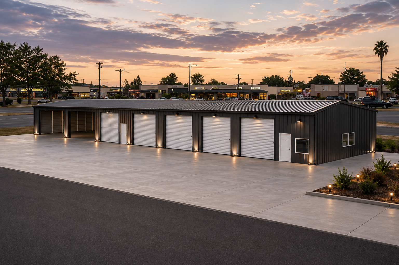 Large charcoal gray commercial metal building with 120-foot length, featuring five white roll-up garage doors and two open workshop bays on a concrete slab at sunset.