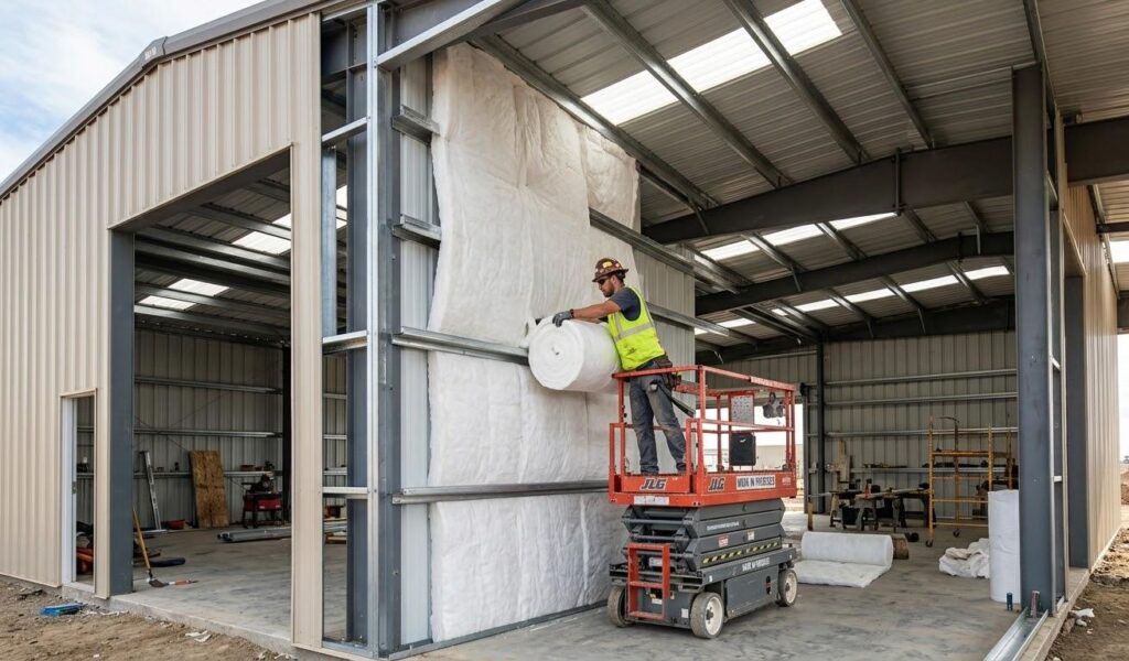 Interior view of a metal building being fitted with energy-efficient insulation to control temperature and prevent condensation.