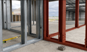 A comparison of two framing methods side-by-side on a concrete floor: on the left, a light-gauge galvanized steel frame structure for residential or light commercial construction, and on the right, a heavy-duty structural red iron (red oxide-primed) steel I-beam frame with bolted connections. A yellow level, loose fasteners, and a tape measure are in the foreground, with an industrial warehouse visible through the frame on the right and a residential building through the frame on the left.