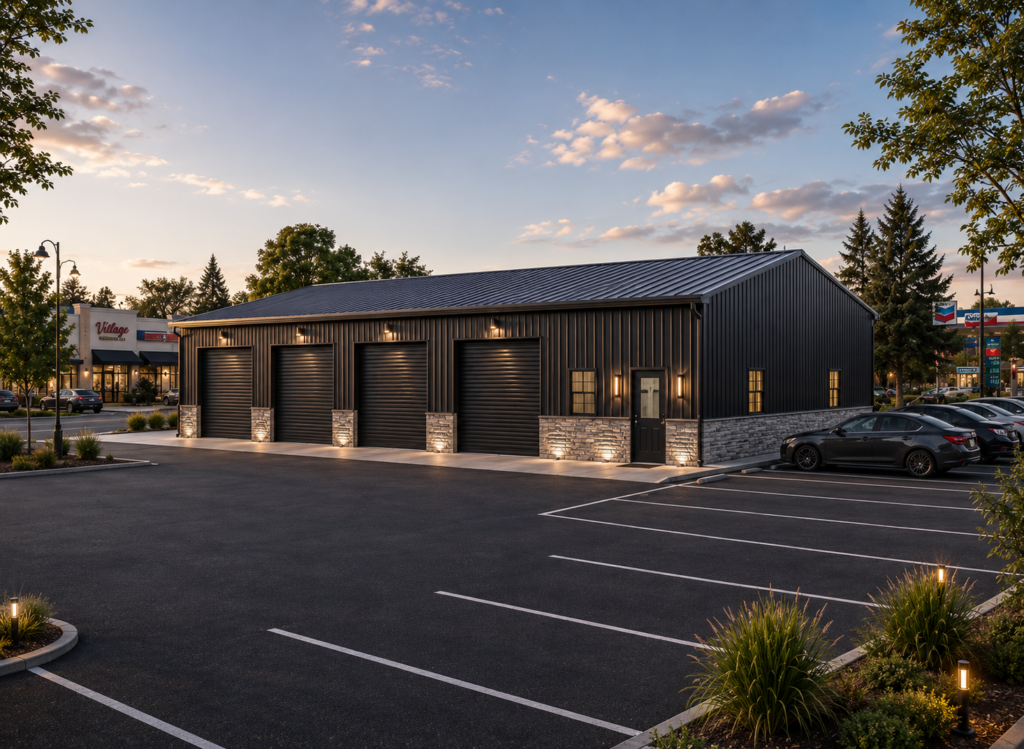 Modern black metal commercial building with four roll-up garage doors, vertical steel panel siding, premium exterior lighting, and landscaped parking lot at sunset.