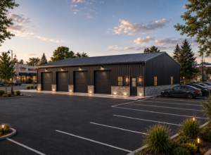 Modern black metal commercial building with four roll-up garage doors, vertical steel panel siding, premium exterior lighting, and landscaped parking lot at sunset.
