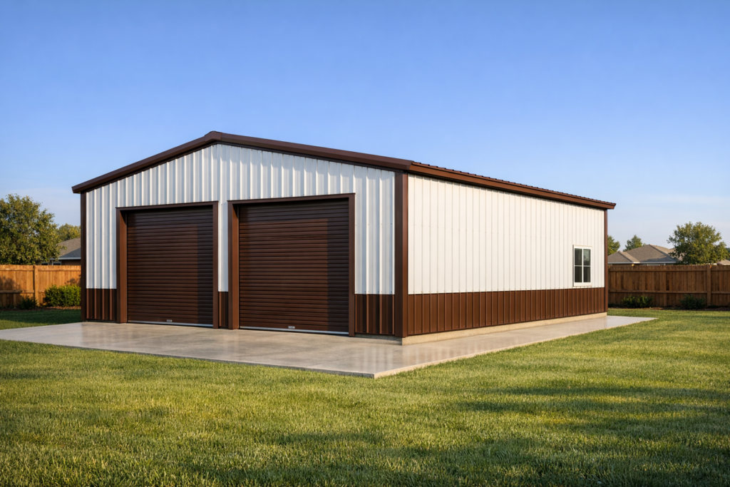 Two-car metal garage building with white siding and brown trim on a concrete slab