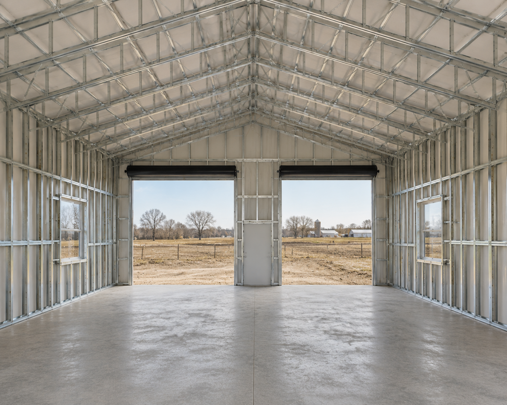 Interior perspective of a commercial steel framing structure during construction, featuring an open-span layout, concrete slab foundation, metal stud walls, roof trusses, and two large open doorways framing a rural landscape.