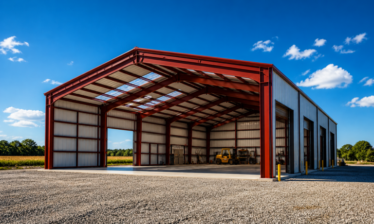 Large custom metal workshop with red steel framing, white siding, and roll-up doors on a gravel lot under a clear blue sky