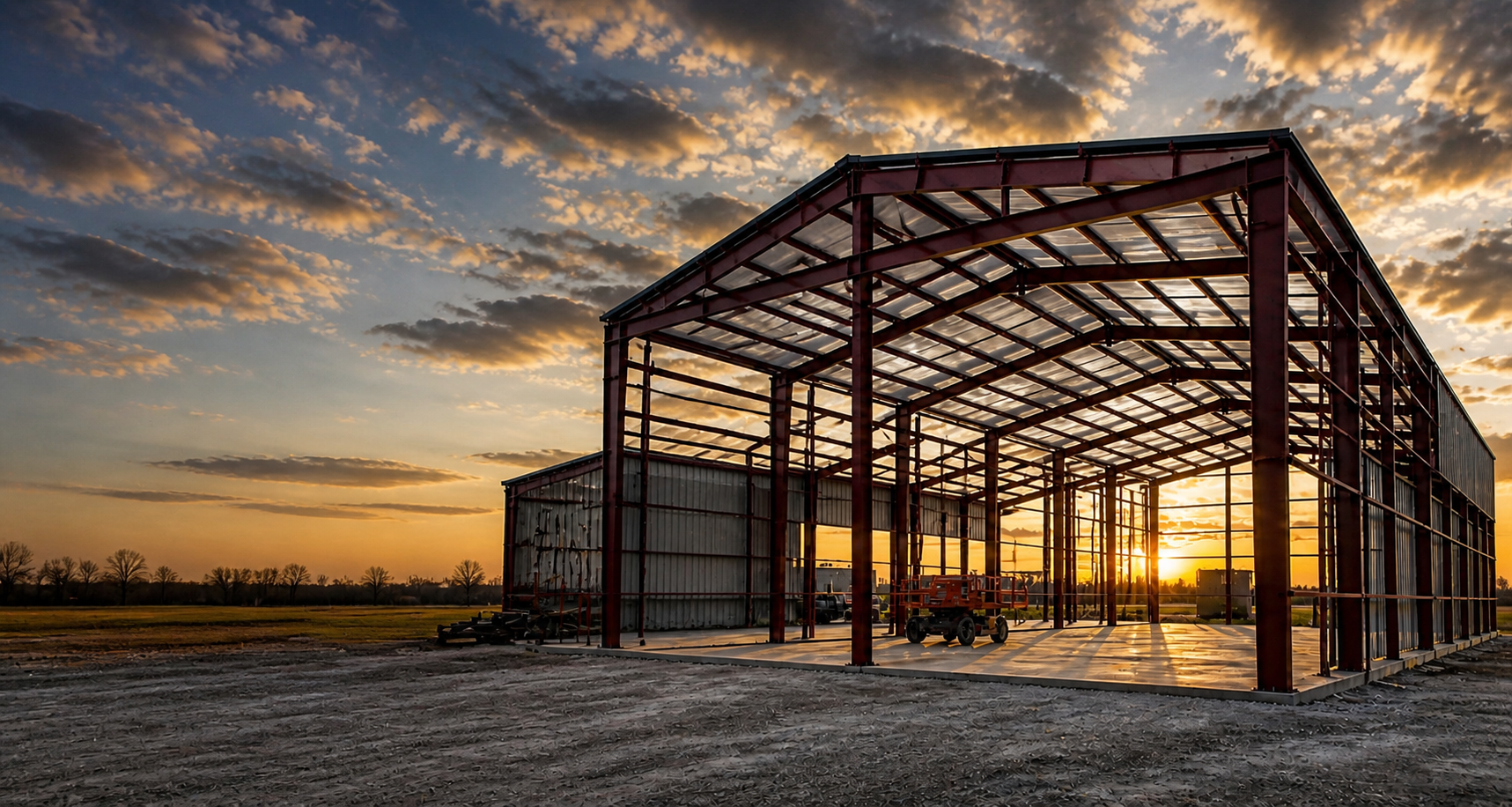 Wide-angle shot of a large red iron industrial steel building frame on a concrete slab. The sun is setting in the background, casting a warm orange glow through the open structural beams and onto the surrounding gravel lot and fields