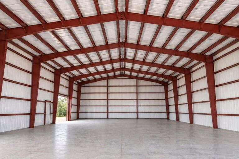 Interior view of a clear-span red iron steel building featuring a heavy-duty bolt-up frame, white wall insulation, and a polished concrete floor.