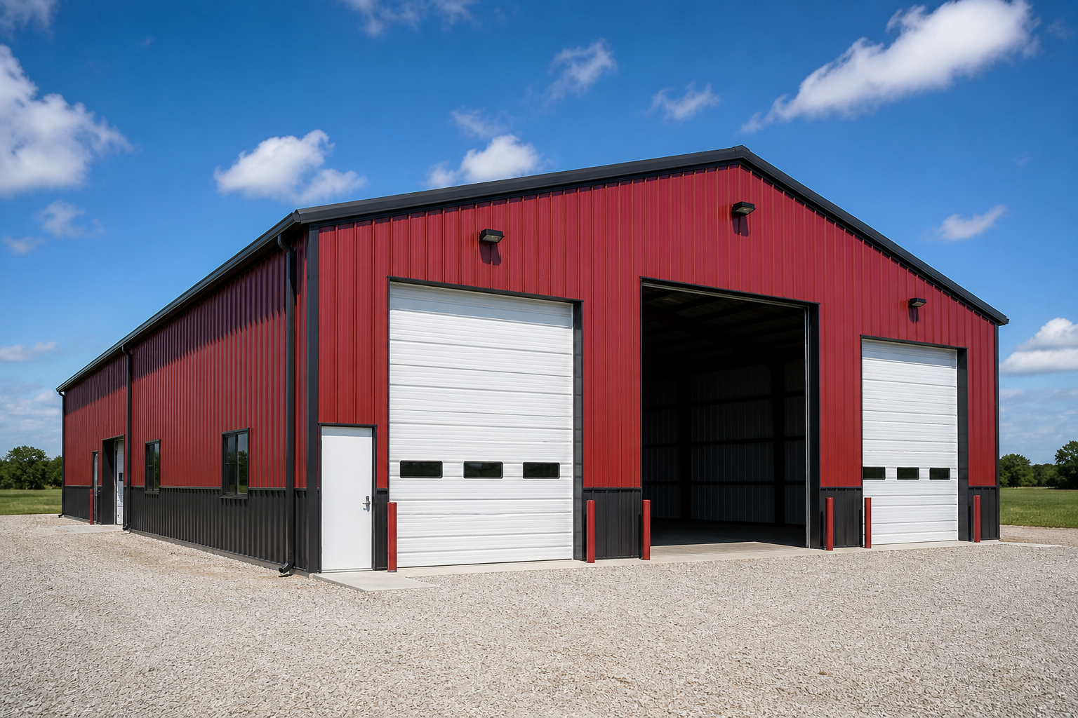 Professional metal building installation with vertical red siding, black wainscoting, and integrated exterior lighting under a clear blue sky