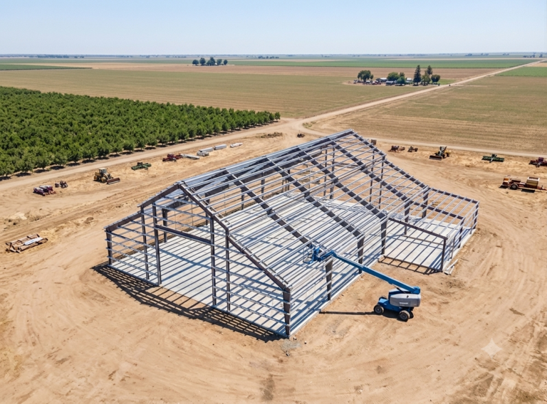erial view of a large commercial metal building frame under construction by ProBuild Options on a rural agricultural lot, featuring steel framing, a concrete foundation, and an articulating boom lift