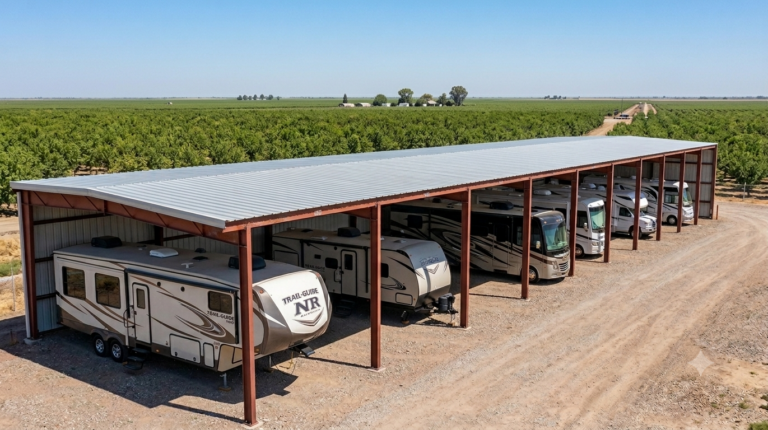 Custom open-bay metal building and RV storage canopy built by ProBuild Options, featuring red iron steel framing sheltering multiple trailers and motorhomes on agricultural land