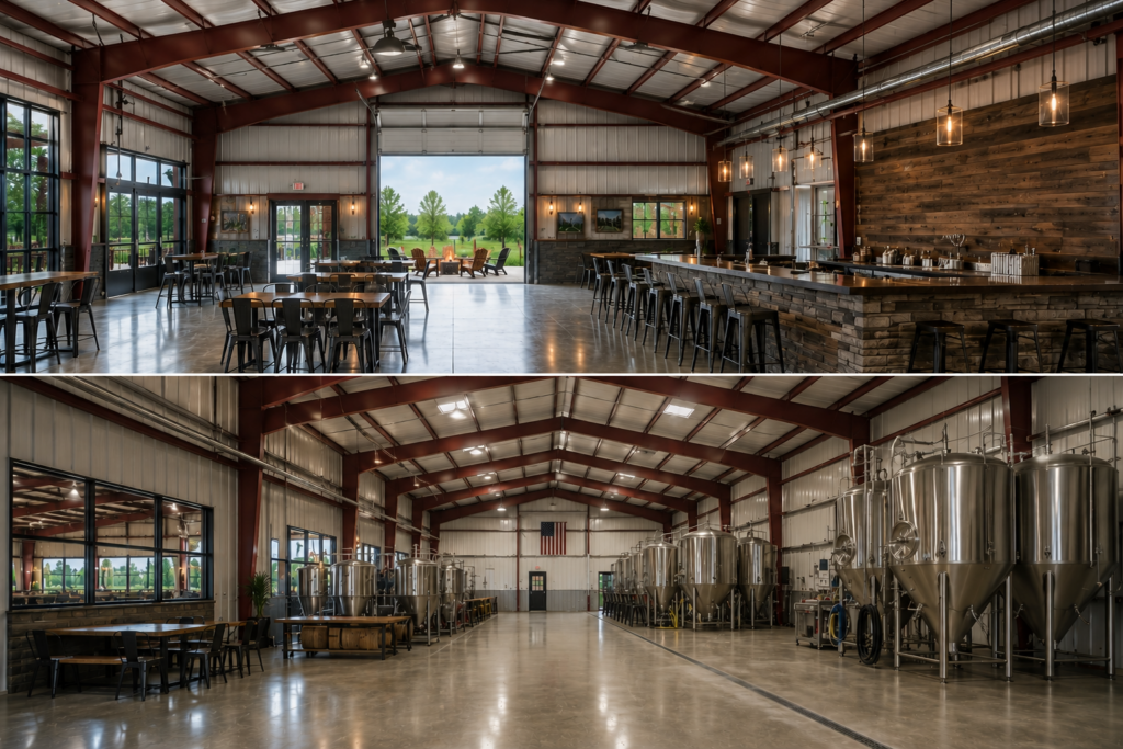 Modern commercial brewery interior featuring durable red iron structural framing, high-ceiling industrial design, and spacious floor plan for custom metal building projects in Merced.