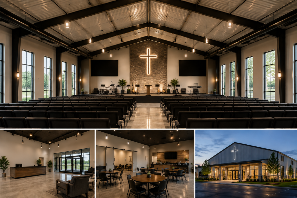 Modern metal church building in Merced with open-span red iron framing, stone accents, and custom sanctuary interior design.