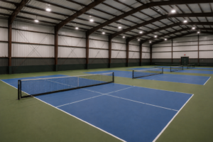 Indoor sports complex featuring multiple pickleball or tennis courts, constructed with heavy-duty red iron steel framing for expansive, column-free commercial recreation spaces.