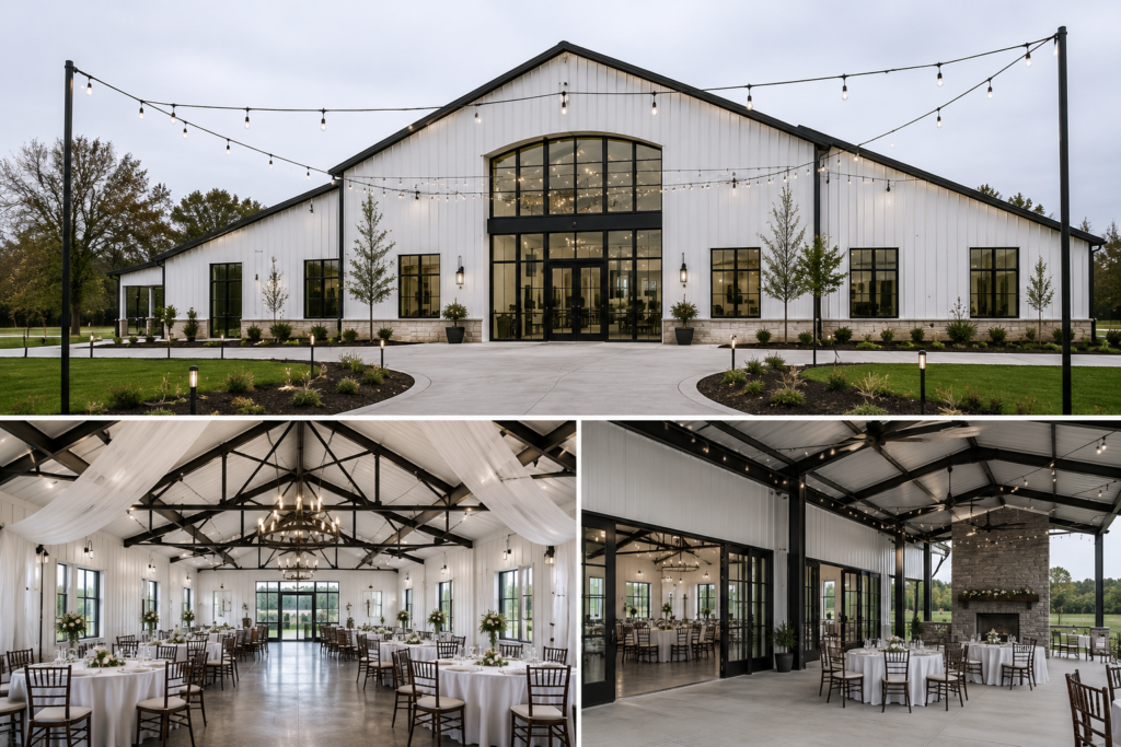 Elegant metal event venue and wedding space featuring high-clearance red iron rafters and modern architectural design for commercial use.
