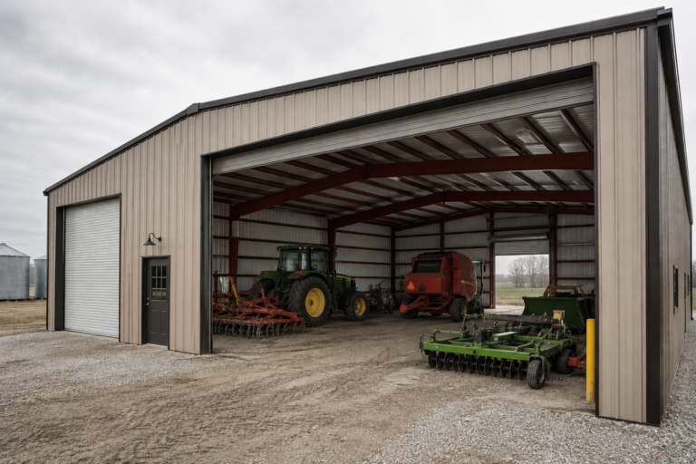 Spacious custom agricultural metal building for farm equipment storage, featuring durable red iron structural framing and heavy-duty steel siding.