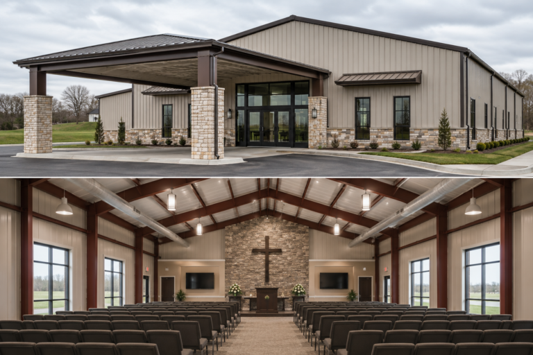 ustom commercial metal building designed for a funeral home with a porte-cochère, stone facade, and expansive open-span red iron interior.