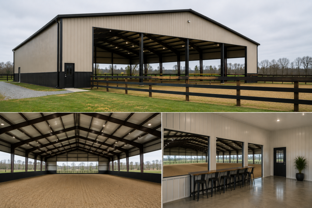 Professional indoor horse riding arena featuring wide-span red iron structural framing, viewing area, and custom steel exterior construction.