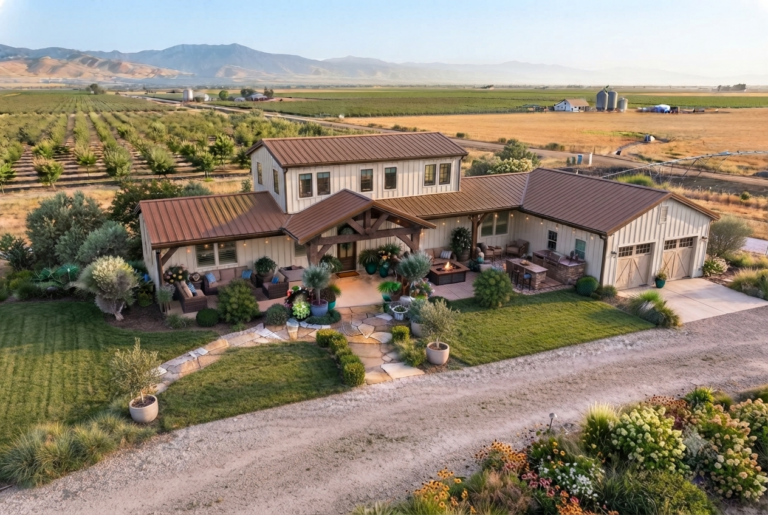 Luxury steel barndominium with a metal roof, covered porch, attached garage, landscaped yard, and modern farmhouse design