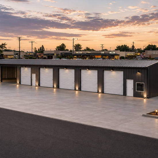 Large charcoal gray commercial metal building with 120-foot length, featuring five white roll-up garage doors and two open workshop bays on a concrete slab at sunset.