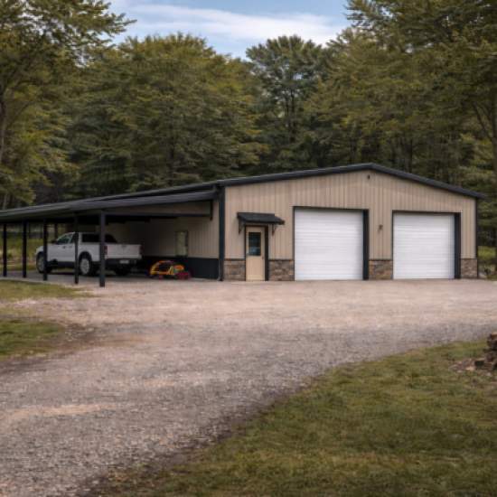 Large tan and charcoal commercial metal garage with stone wainscot siding, featuring two white roll-up doors, a side-mounted 12-foot lean-to carport housing a white truck, and a matching walk-in entry door with a protective awning, engineered for durability in Merced, California.