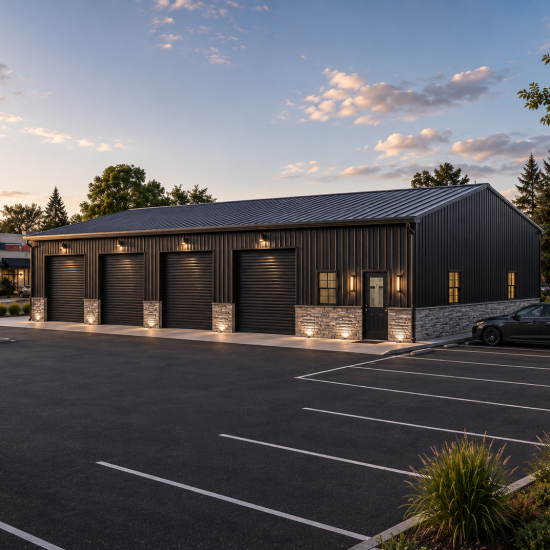 Modern black metal commercial building with four roll-up garage doors, vertical steel panel siding, premium exterior lighting, and landscaped parking lot at sunset.