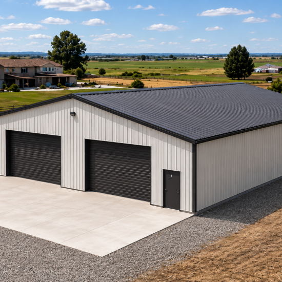 White and charcoal double-bay metal garage with oversized black roll-up doors. Modern steel building for boat storage and home workshops in CA.