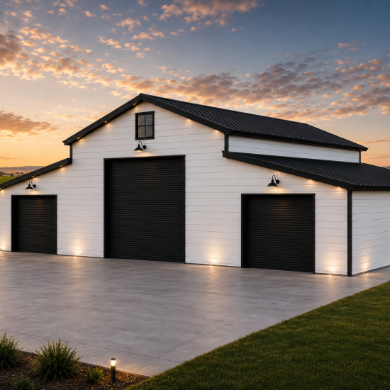 Modern 44x40x12 gray and black custom metal barn with a 20' center shop and two 12' side bays on a concrete pad.