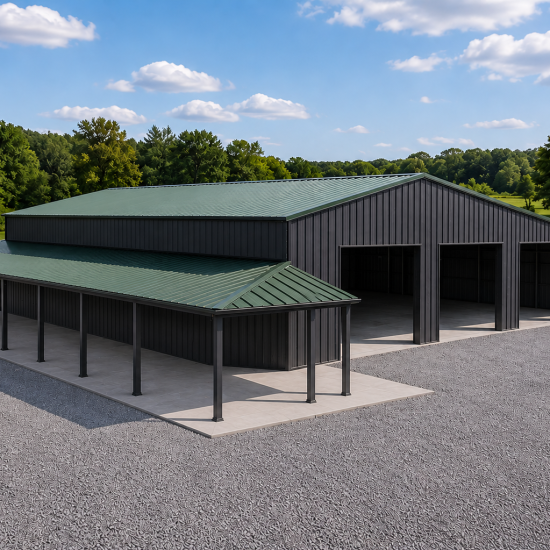 Triple-wide metal barn with forest green roof and wrap-around lean-to. Heavy-duty agricultural steel building for hay storage and tractor parking.