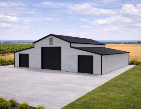 Modern 44x40x12 gray and black custom metal barn with a 20' center shop and two 12' side bays on a concrete pad.