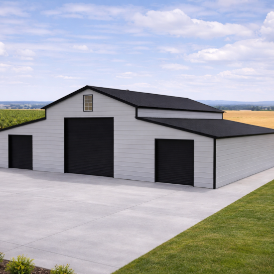 Modern 44x40x12 gray and black custom metal barn with a 20' center shop and two 12' side bays on a concrete pad.