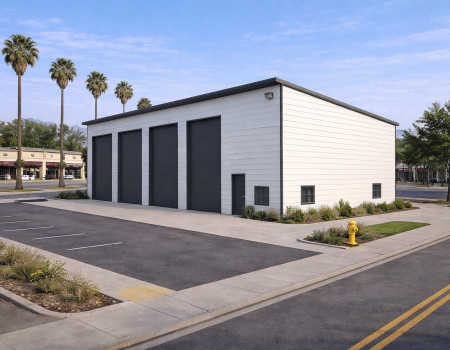 A modern white prefabricated metal building with four dark gray bay doors and a flat roof, featuring a durable steel siding finish, located in a paved commercial parking lot with palm trees under a clear blue sky.
