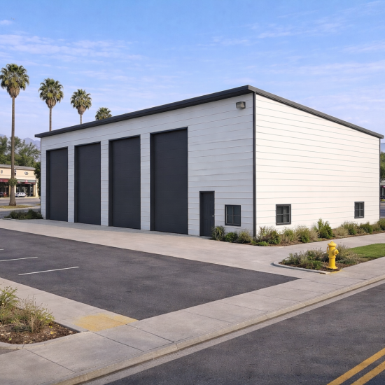 A modern white prefabricated metal building with four dark gray bay doors and a flat roof, featuring a durable steel siding finish, located in a paved commercial parking lot with palm trees under a clear blue sky.