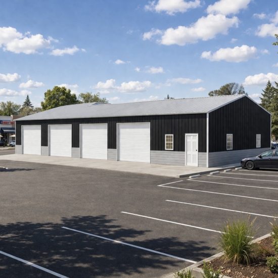 A long 30x70x12 two-tone metal building in black and grey, featuring four white roll-up bay doors, a walk-in personnel door, and multiple windows in a paved commercial parking lot under a blue sky.