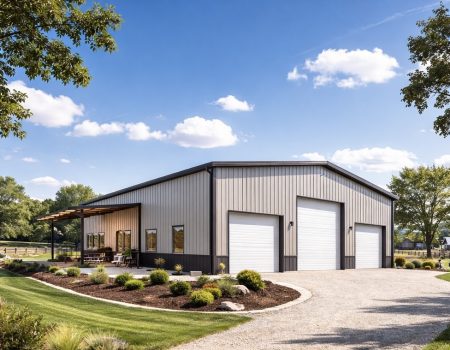 Large 30x40 triple-wide metal garage with a two-tone sand and charcoal wainscot finish, featuring three white roll-up doors, a side-mounted lean-to porch with seating, and professional landscaping on a gravel driveway.