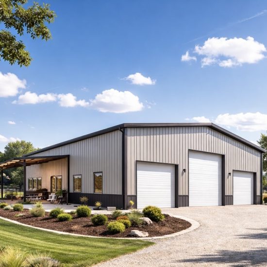 Large 30x40 triple-wide metal garage with a two-tone sand and charcoal wainscot finish, featuring three white roll-up doors, a side-mounted lean-to porch with seating, and professional landscaping on a gravel driveway.