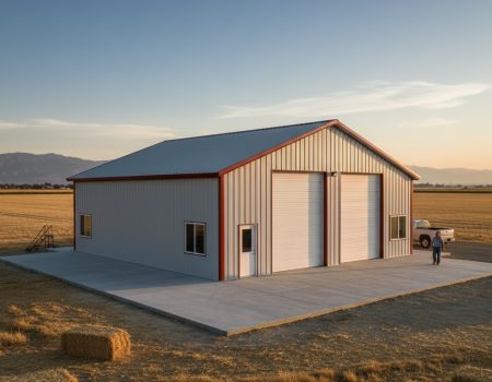 Red Trim Metal Garage in Farm in Merced