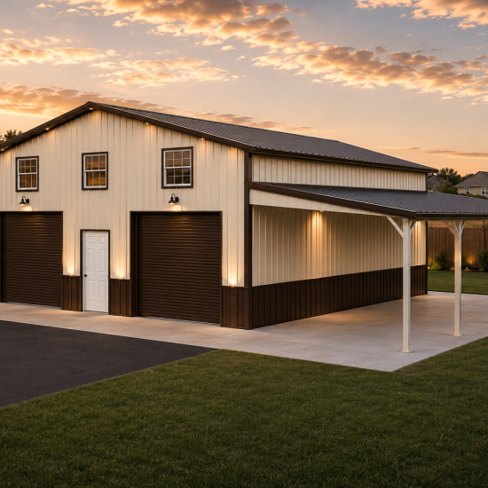 A 30x30 two-tone cream and brown metal building with a 12-foot side lean-to, featuring two brown roll-up garage doors, a white walk-in entry door, and three windows on a concrete pad in a residential backyard near Merced CA