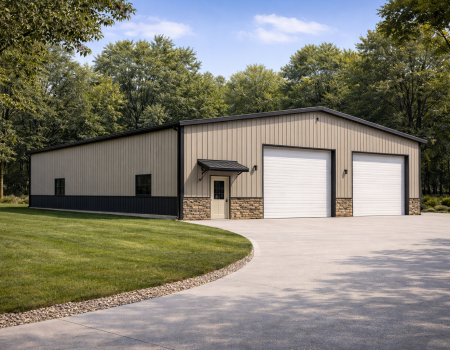 Large tan and charcoal custom metal workshop with luxury stone wainscot siding, featuring two white roll-up garage doors, a walk-in entry door with a black metal awning, and integrated side windows on a curved concrete driveway, engineered for residential and commercial use in California.