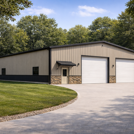 Large tan and charcoal custom metal workshop with luxury stone wainscot siding, featuring two white roll-up garage doors, a walk-in entry door with a black metal awning, and integrated side windows on a curved concrete driveway, engineered for residential and commercial use in California.