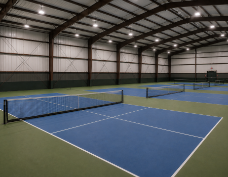 Indoor sports complex featuring multiple pickleball or tennis courts, constructed with heavy-duty red iron steel framing for expansive, column-free commercial recreation spaces.