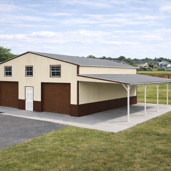 A 30x30 two-tone cream and brown metal building with a 12-foot side lean-to, featuring two brown roll-up garage doors, a white walk-in entry door, and three windows on a concrete pad in a residential backyard near Merced CA