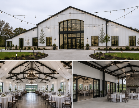 Elegant metal event venue and wedding space featuring high-clearance red iron rafters and modern architectural design for commercial use.
