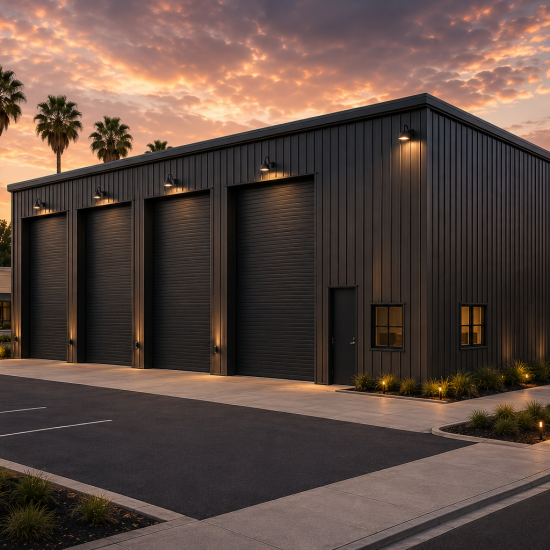Modern black commercial metal building with four insulated roll-up garage doors, vertical steel panel siding, landscaped exterior, and premium industrial design at sunset.